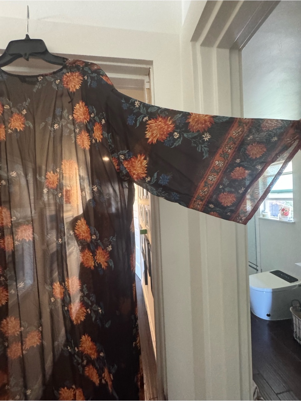 Massimo Dutti Sheer Floral Kimono/Dusterin Black and Orange with Blue Accents